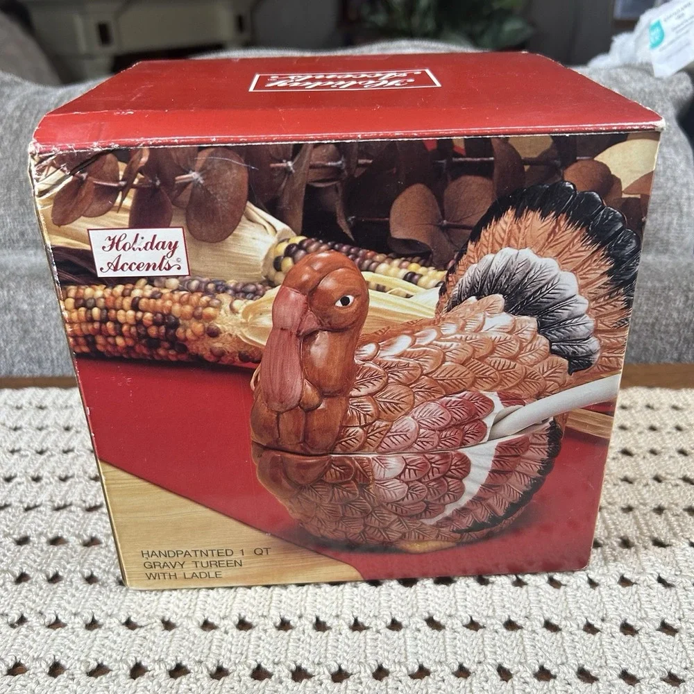 Vtg 1990s Turkey Glazed Ceramic Gravy Boat Tureen Lid & Ladle Thanksgiving 1 Qt